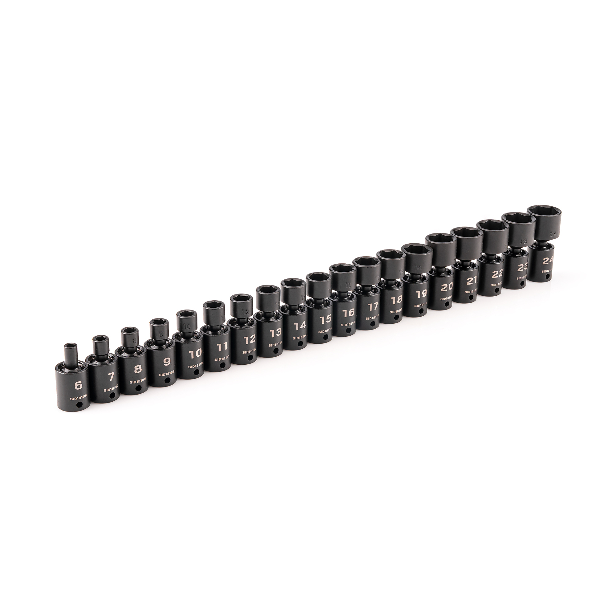 TEKTON 3/8 Inch Drive Shallow 6-Point Universal Joint Impact Socket Set, 19-Piece (6 - 24 mm) | SID97003